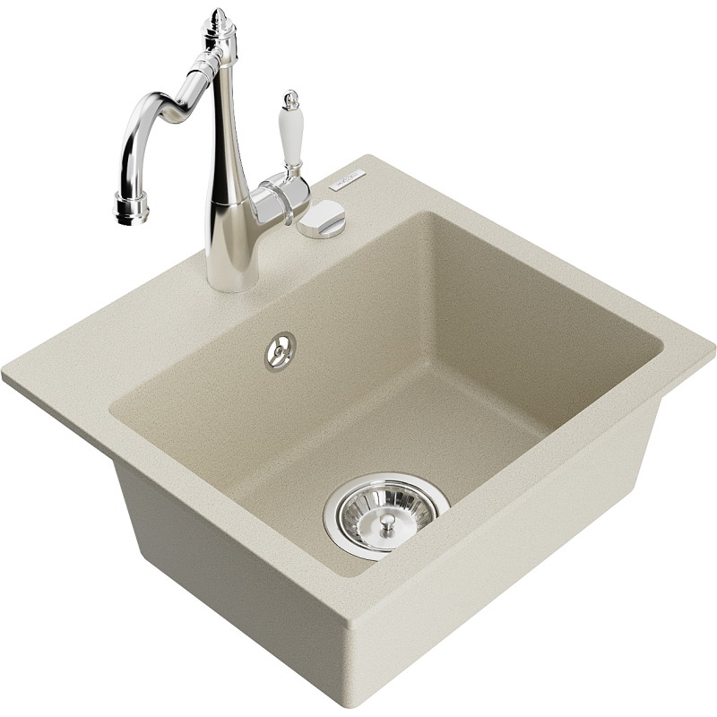 Mexen Milo chiuvetă de granit cu 1 cuvă și baterie de bucătărie Carla, bej - 6505-69-670700-00