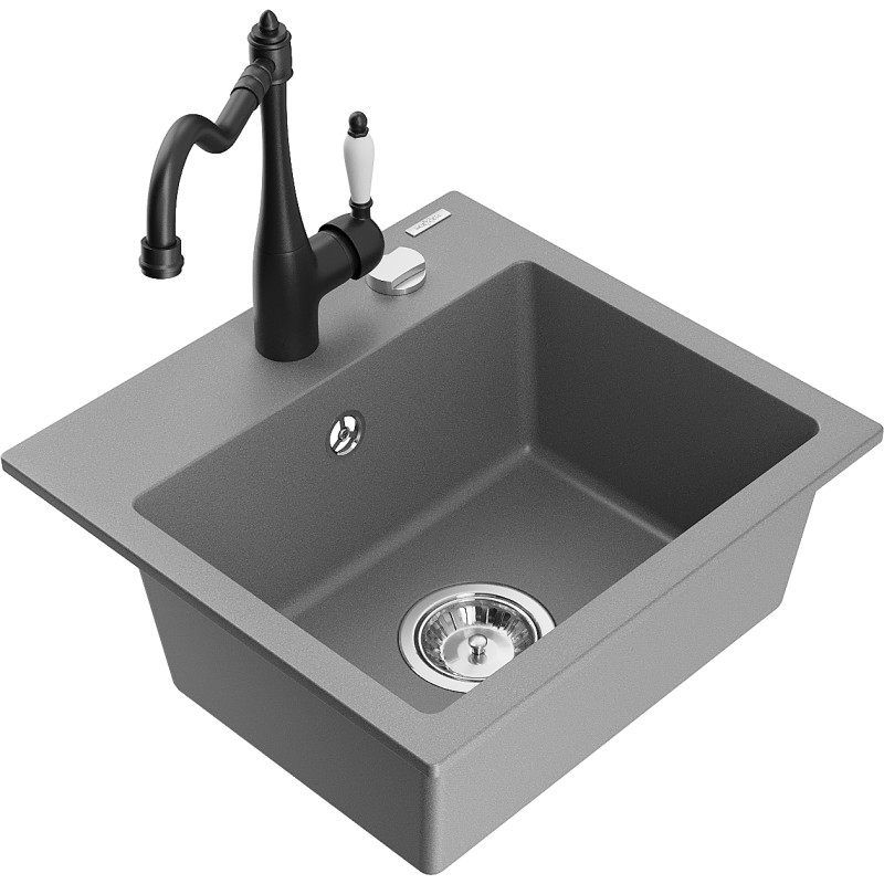 Mexen Milo chiuvetă de granit cu 1 cuvă cu baterie de bucătărie Carla, gri - 6505-71-670700-70