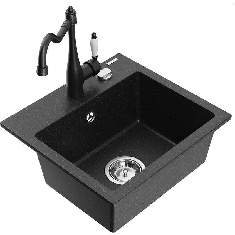 Mexen Milo chiuvetă de granit cu 1 compartiment și baterie de bucătărie Carla, negru/argintiu metalic - 6505-73-670700-70