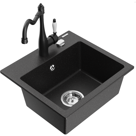 Mexen Milo chiuvetă de granit cu 1 compartiment și baterie de bucătărie Carla, negru/argintiu metalic - 6505-73-670700-70