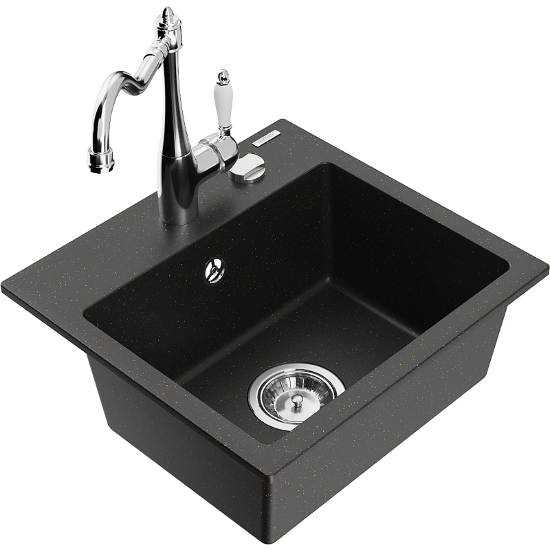 Mexen Milo chiuvetă granit 1-cameră cu baterie de bucătărie Carla, negru/auriu metalizat - 6505-75-670700-00