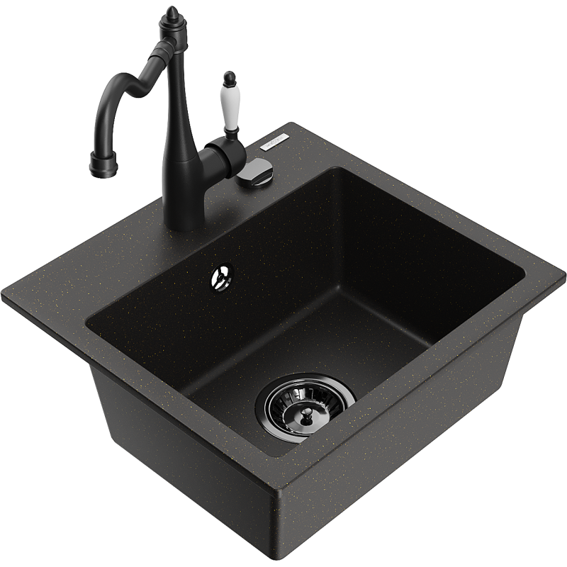 Mexen Milo chiuvetă de granit cu 1 cameră cu baterie de bucătărie Carla, negru/auriu metalic - 6505-75-670700-70-B