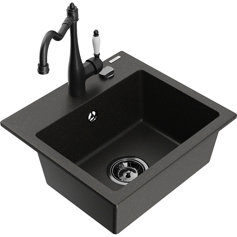 Mexen Milo chiuvetă de granit cu 1 compartiment cu baterie de bucătărie Carla, negru/auriu metalizat - 6505-75-670700-70-B