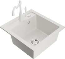 Mexen Vito chiuvetă de bucătărie din granit cu 1 compartiment și robinet de bucătărie Carla, alb - 6503-20-670700-20