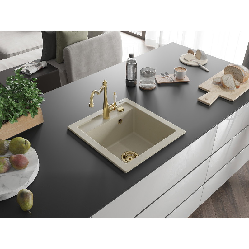 Mexen Vito chiuvetă din granit cu 1 cuvă și baterie de bucătărie Carla, bej - 6503-69-670700-50