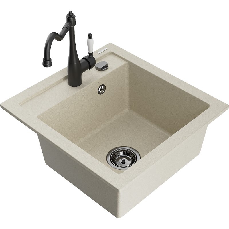Mexen Vito chiuvetă de granit, cu 1 compartiment, cu baterie de bucătărie Carla, bej - 6503-69-670700-70