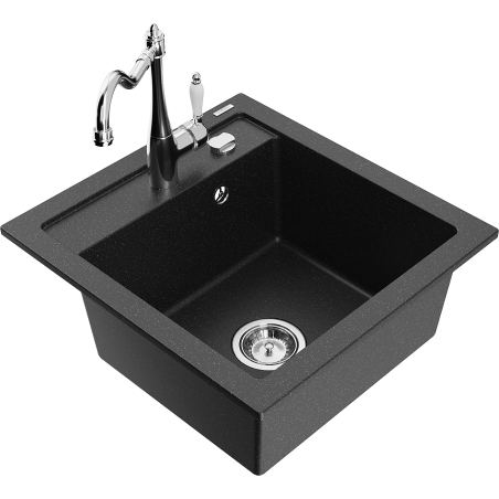 Mexen Vito chiuvetă de bucătărie din granit cu 1 cuvă și baterie Carla, negru/metal argintiu - 6503-73-670700-00