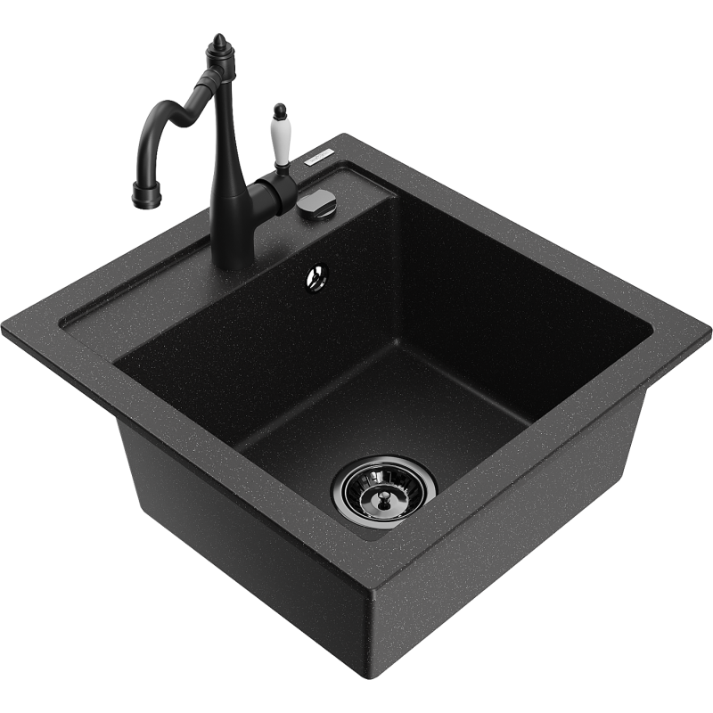 Mexen Vito chiuvetă granitică cu o singură cuvă cu baterie de bucătărie Carla, negru/argintiu metalizat