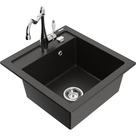 Mexen Vito chiuvetă granitică cu o cuvă și baterie de bucătărie Carla, negru/auriu metalizat - 6503-75-670700-00