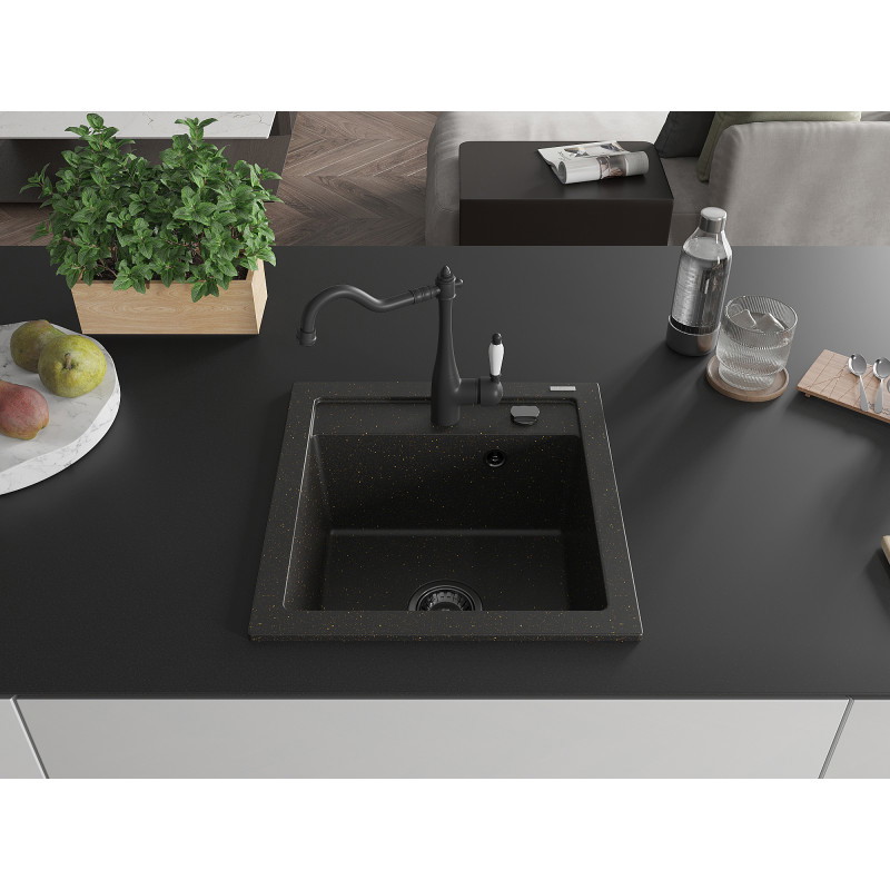 Mexen Vito chiuvetă din granit cu 1 compartiment cu baterie de bucătărie Carla, negru/auriu metalic - 6503-75-670700-70-B