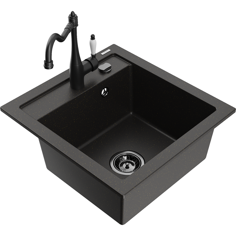 Mexen Vito chiuvetă de granit cu 1 compartiment cu baterie de bucătărie Carla, negru/auriu metalic - 6503-75-670700-70-B