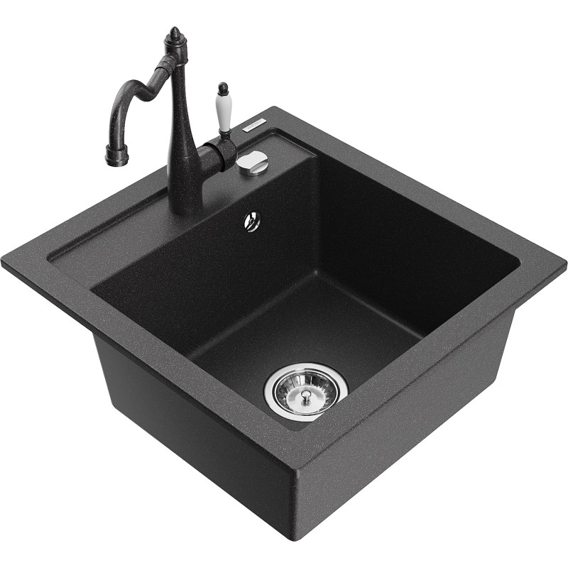 Mexen Vito chiuvetă de bucătărie granit 1-cameră cu baterie de bucătărie Carla, negru cu pete - 6503-76-670700-76