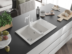 Mexen Pablo chiuvetă granit 1 cuvă cu scurgător și baterie de bucătărie Carla, alb - 6510-20-670700-20