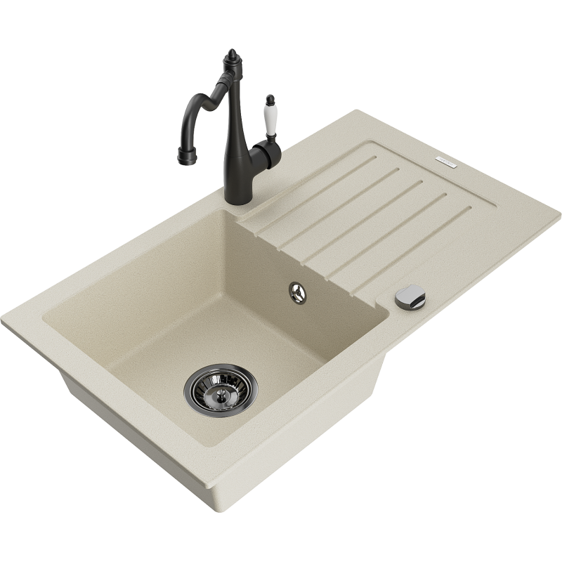 Mexen Pablo chiuvetă de granit cu 1 cuvă, cu scurgător și baterie de bucătărie Carla, bej - 6510-69-670700-70