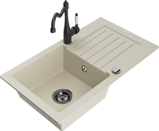Mexen Pablo chiuvetă de granit cu 1 cuvă, cu scurgător și baterie de bucătărie Carla, bej - 6510-69-670700-70