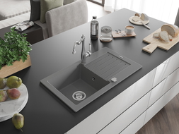 Mexen Pablo chiuvetă de granit cu 1 compartiment cu picurător și baterie de bucătărie Carla, gri - 6510-71-670700-00
