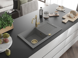 Mexen Pablo chiuvetă din granit cu o singură cuvă cu picurător și baterie de bucătărie Carla, gri - 6510-71-670700-50