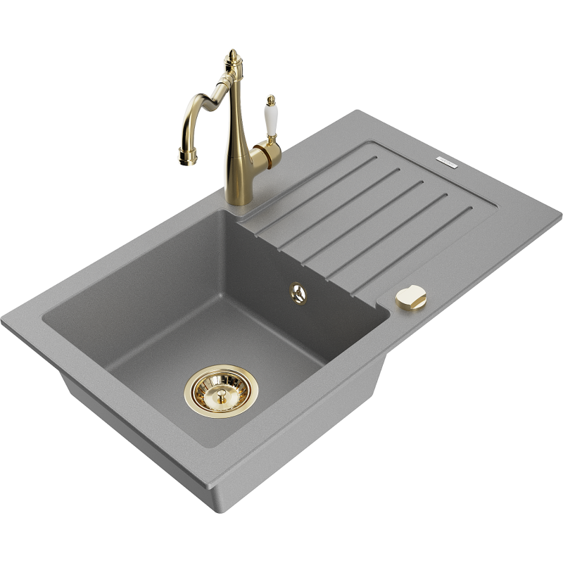Mexen Pablo gránit mosogató 1-medencés csepegtetővel és Carla konyhai csapteleppel, szürke - 6510-71-670700-50