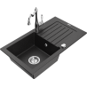 Mexen Pablo gránit mosogató 1-medencés csepegtetővel és Carla konyhai csapteleppel, fekete/ezüst metál - 6510-73-670700-00