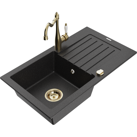Mexen Pablo chiuvetă din granit cu 1 compartiment cu scurgător și baterie de bucătărie Carla, negru/metal argintiu