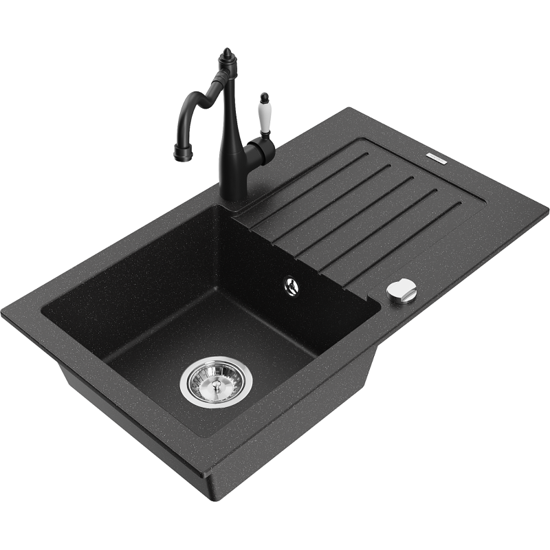 Mexen Pablo chiuvetă de granit cu 1 compartiment cu picurător și baterie de bucătărie Carla, negru/argintiu metalic