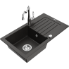 Mexen Pablo chiuvetă de granit cu o singură cuvă cu scurgător și baterie de bucătărie Carla, negru/auriu metalizat