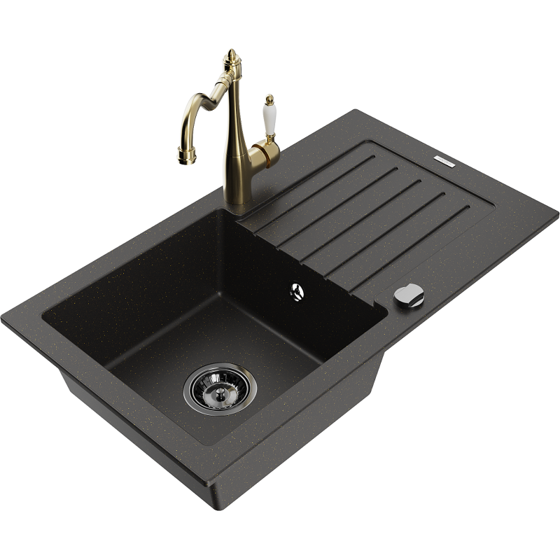 Mexen Pablo chiuvetă de granit cu 1 compartiment, picurător și baterie de bucătărie Carla, negru/auriu metalic
