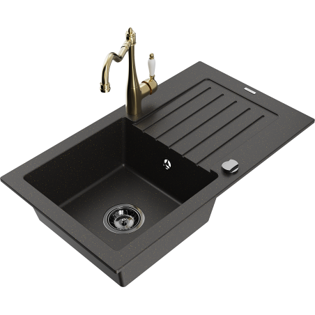 Mexen Pablo chiuvetă de granit cu 1 compartiment, picurător și baterie de bucătărie Carla, negru/auriu metalic