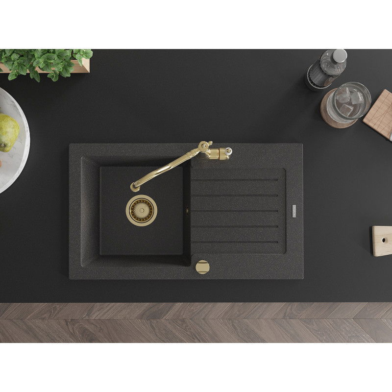 Mexen Pablo chiuvetă de bucătărie din granit cu o singură cuvă, cu scurgător și robinet de bucătărie Carla, negru cu