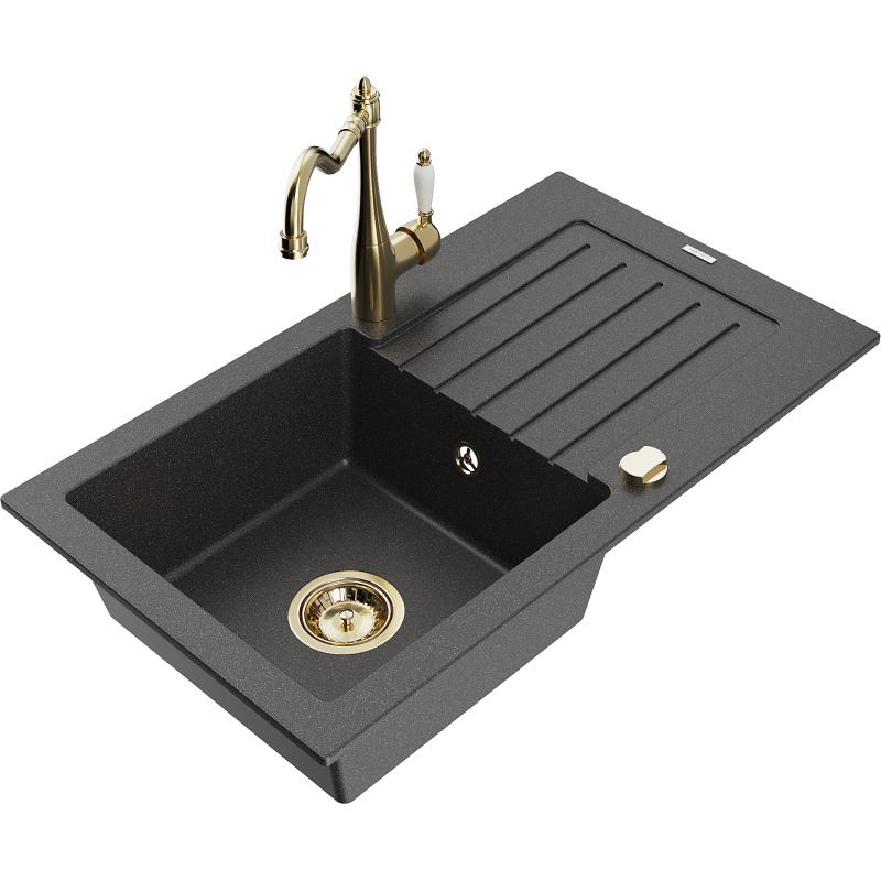 Mexen Pablo chiuvetă de bucătărie din granit cu o singură cuvă, cu scurgător și robinet de bucătărie Carla, negru cu