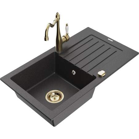 Mexen Pablo chiuvetă de bucătărie din granit cu o singură cuvă, cu scurgător și robinet de bucătărie Carla, negru cu
