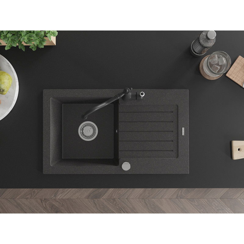 Mexen Pablo chiuvetă de granit cu 1 cuvă și scurgător și baterie de bucătărie Carla, negru punctat - 6510-76-670700-70