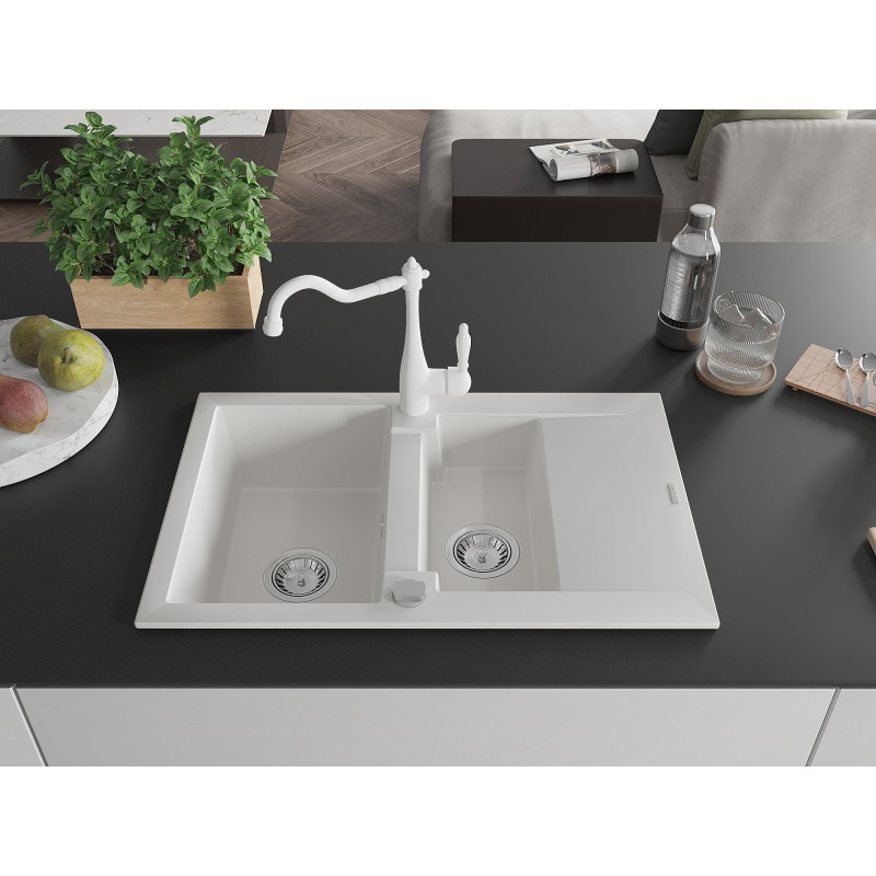 Mexen Gaspar chiuvetă de bucătărie 1,5 camere din granit cu scurgător și baterie Carlă, albă - 6507-20-670700-20