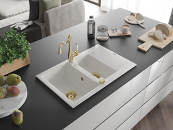 Mexen Gaspar gránit mosogató 1,5 rekeszes csepegtetővel és Carla konyhai csapteleppel, fehér - 6507-20-670700-50