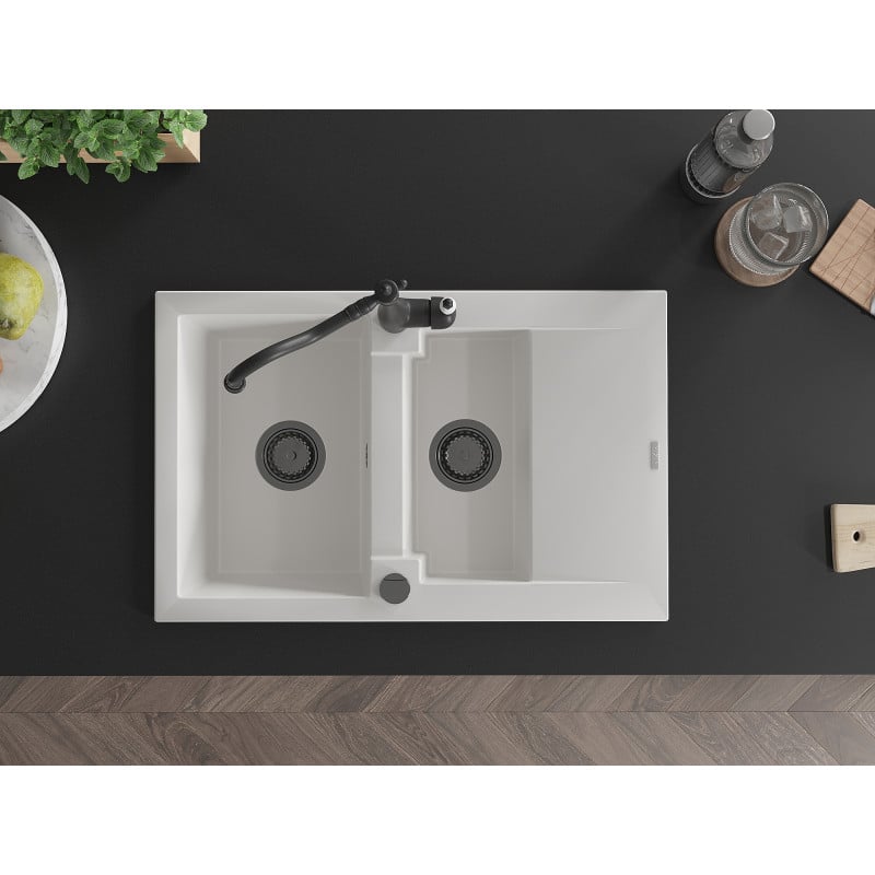 Mexen Gaspar gránit mosogató 1,5 rekeszes csepegtetővel és Carla konyhai csapteleppel, fehér - 6507-20-670700-70