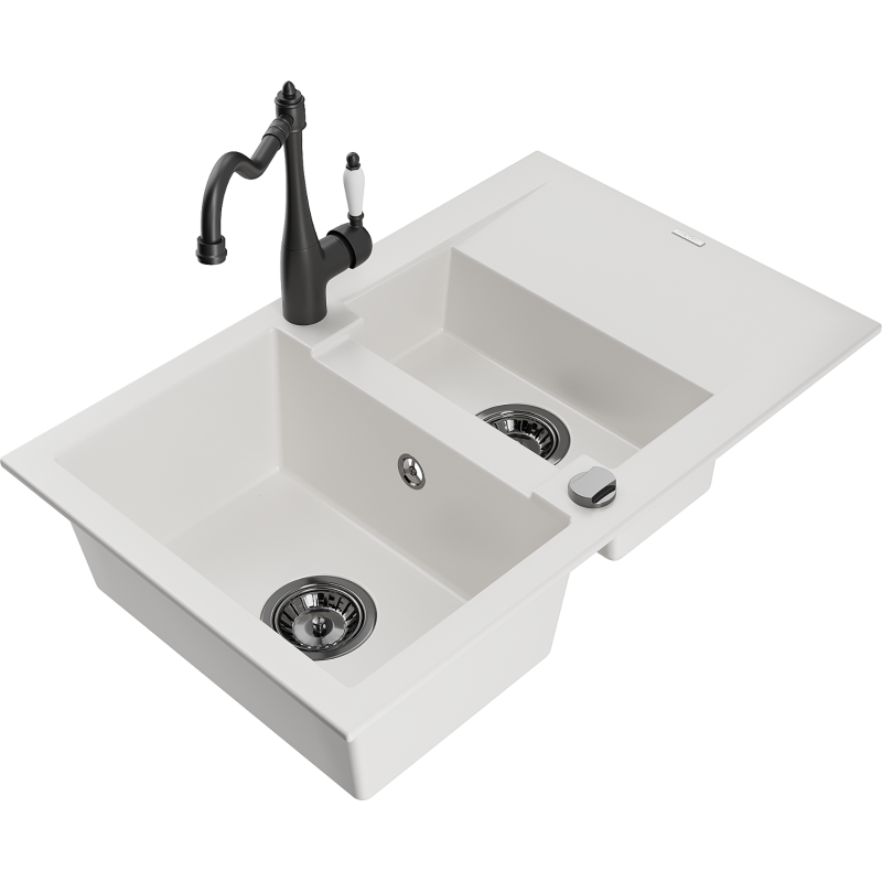 Mexen Gaspar chiuvetă de granit cu 1,5 compartimente cu scurgător și baterie de bucătărie Carla, alb - 6507-20-670700-70