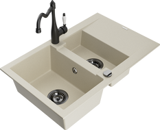 Mexen Gaspar gránit mosogató 1,5 rekeszes csepegtetővel és Carla konyhai csappal, bézs - 6507-69-670700-70