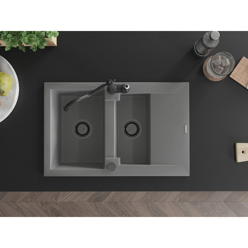 Mexen Gaspar chiuvetă de bucătărie din granit cu 1,5 cuve și scurgător și baterie de bucătărie Carla, gri - 6507-71-670700-70-B