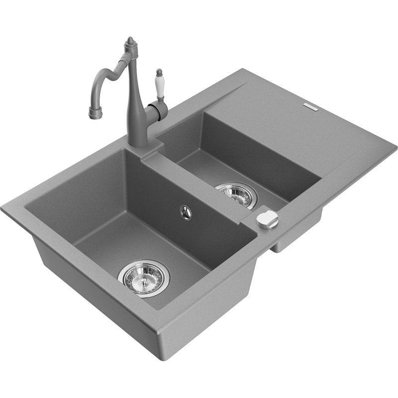 Mexen Gaspar chiuvetă de granit 1,5 cameră cu scurgător și baterie de bucătărie Carla, gri - 6507-71-670700-71