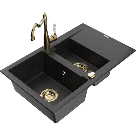 Chiuvetă din granit Mexen Gaspar, 1,5 cuve cu scurgător și baterie bucătărie Carla negru/metal argintiu - 6507-73-670700-50