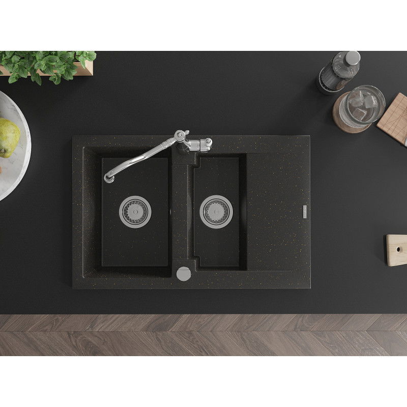 Mexen Gaspar chiuvetă din granit cu 1,5 cuve cu scurgător și baterie de bucătărie Carla, negru/auriu metalizat