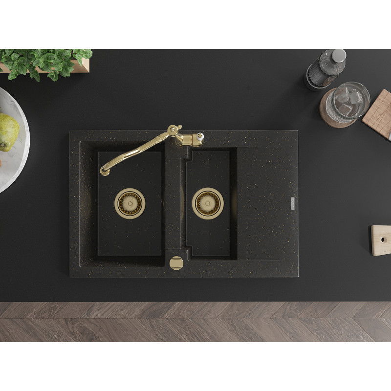 Mexen Gaspar chiuvetă granit 1,5 camere cu scurgător și baterie de bucătărie Carla, negru/metallic auriu - 6507-75-670700-50