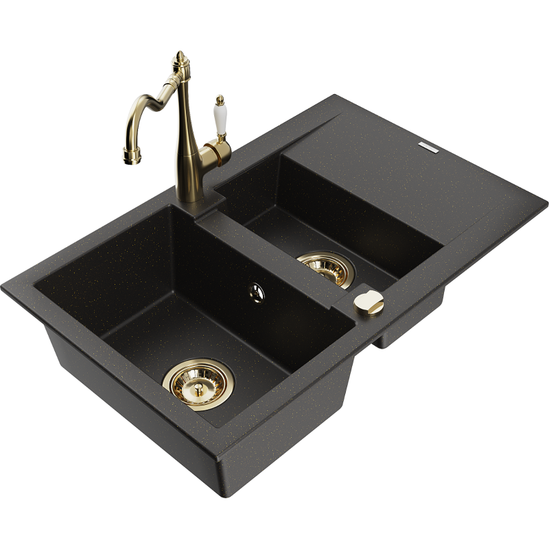 Mexen Gaspar chiuvetă granit 1,5 camere cu scurgător și baterie de bucătărie Carla, negru/metallic auriu - 6507-75-670700-50