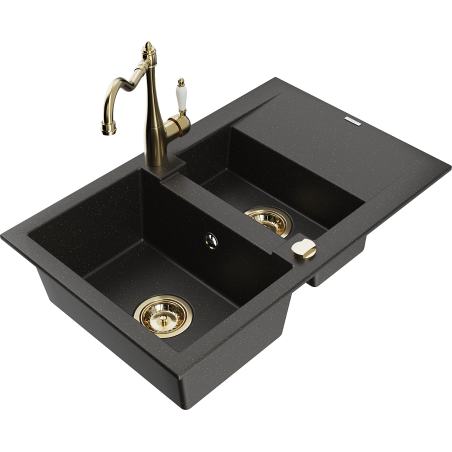 Mexen Gaspar chiuvetă granit 1,5 camere cu scurgător și baterie de bucătărie Carla, negru/metallic auriu - 6507-75-670700-50