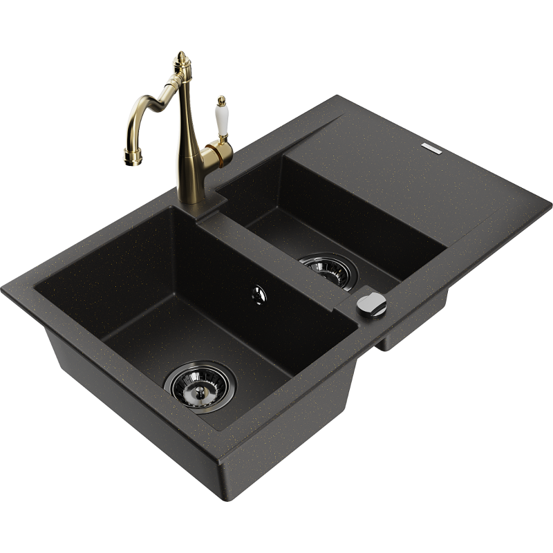 Mexen Gaspar chiuvetă de granit cu 1.5 compartimente, cu scurgător și baterie de bucătărie Carla negru/auriu metalic