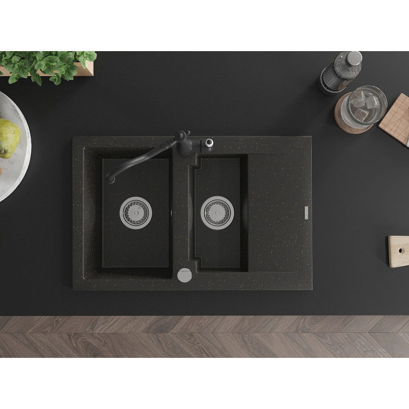 Mexen Gaspar chiuvetă de bucătărie din granit cu 1,5 compartimente, cu picurător și robinet de bucătărie Carla,