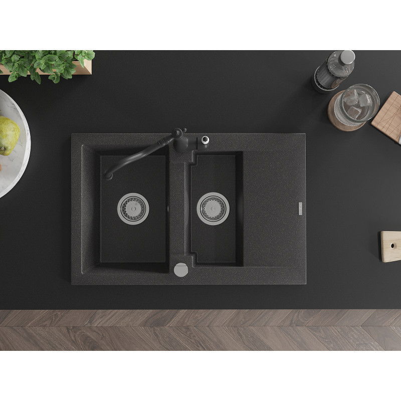 Mexen Gaspar gránit mosogatótálca 1,5 kamrás csepegtetővel és Carla konyhai csappal, fekete pöttyös - 6507-76-670700-70