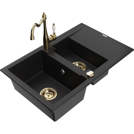 Mexen Gaspar gránit mosogató 1,5 medencés csepegtetővel és Carla konyhai csappal, fekete - 6507-77-670700-50