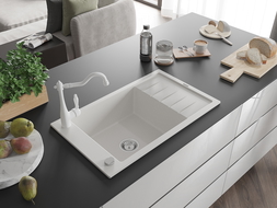Mexen Elias chiuvetă de granit cu 1 cameră, cu scurgător și baterie de bucătărie Carla, alb - 6511-20-670700-20
