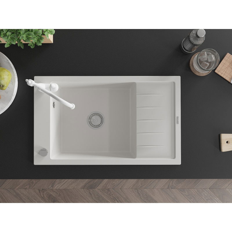 Mexen Elias chiuvetă de granit cu 1 cameră, cu scurgător și baterie de bucătărie Carla, alb - 6511-20-670700-20
